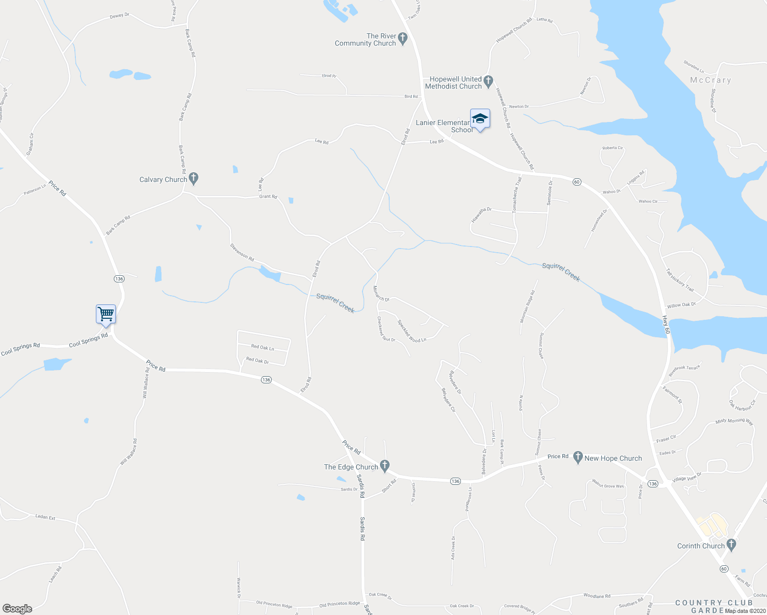 map of restaurants, bars, coffee shops, grocery stores, and more near 5405 Speckled Wood Lane in Gainesville