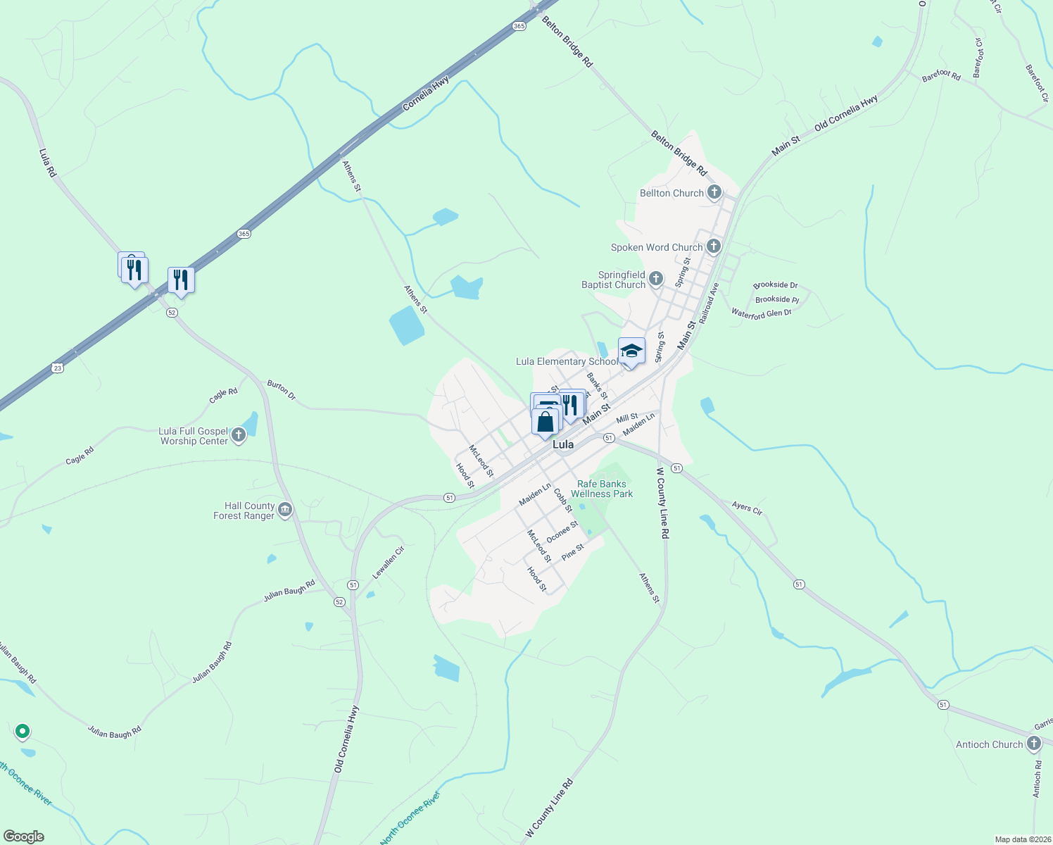 map of restaurants, bars, coffee shops, grocery stores, and more near 6061 Athens St in Lula