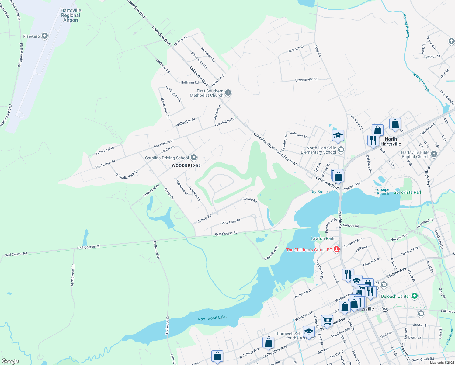 map of restaurants, bars, coffee shops, grocery stores, and more near 1211 Salem Rd in Hartsville