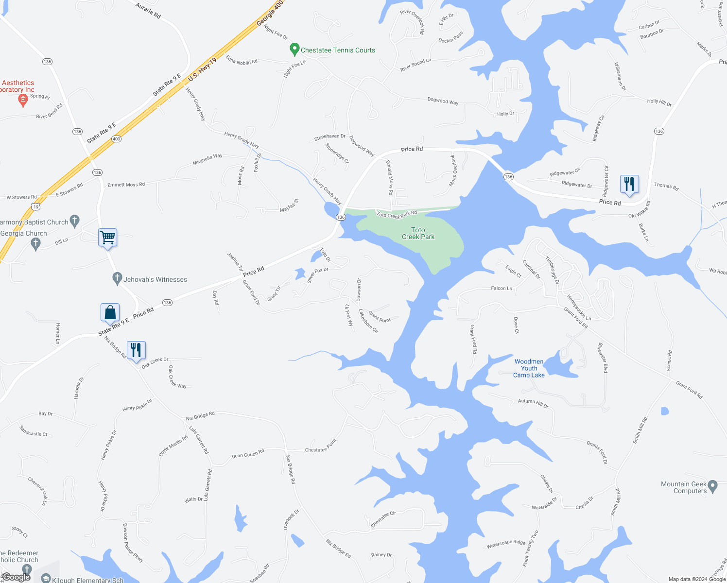 map of restaurants, bars, coffee shops, grocery stores, and more near 94 Dawson Drive in Dawsonville