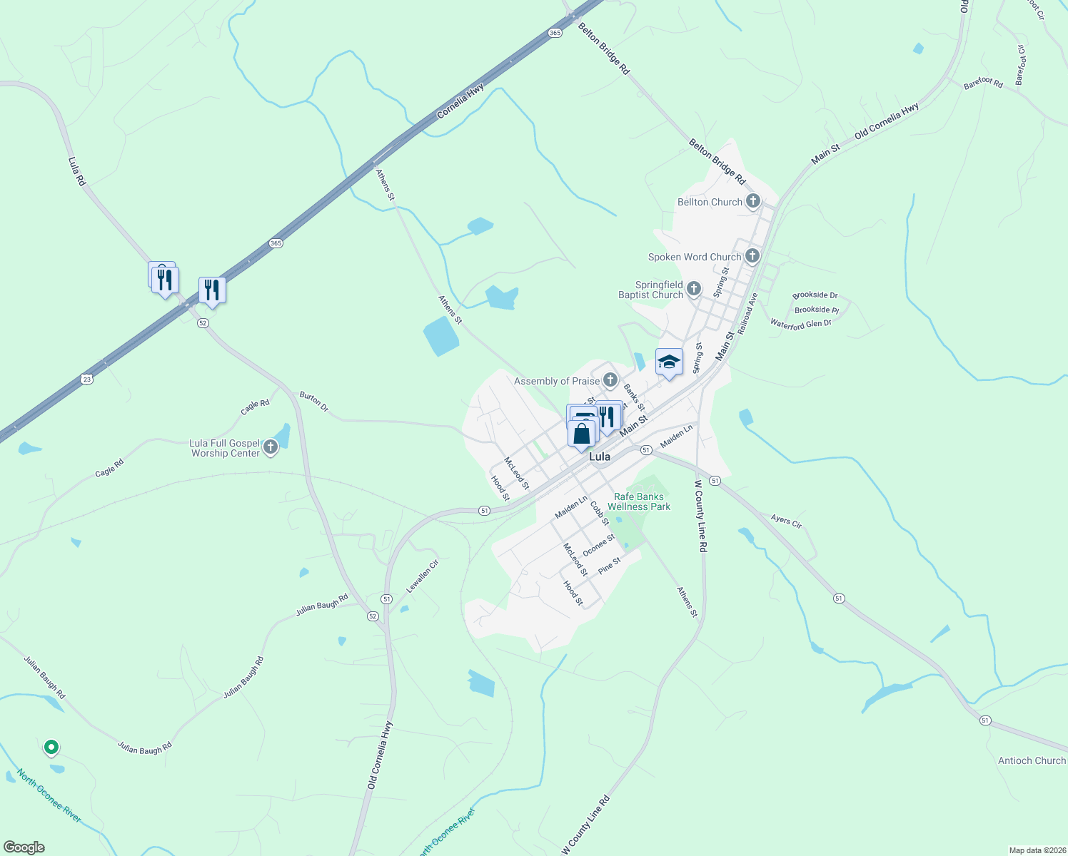 map of restaurants, bars, coffee shops, grocery stores, and more near 6011 Cobb Street in Lula