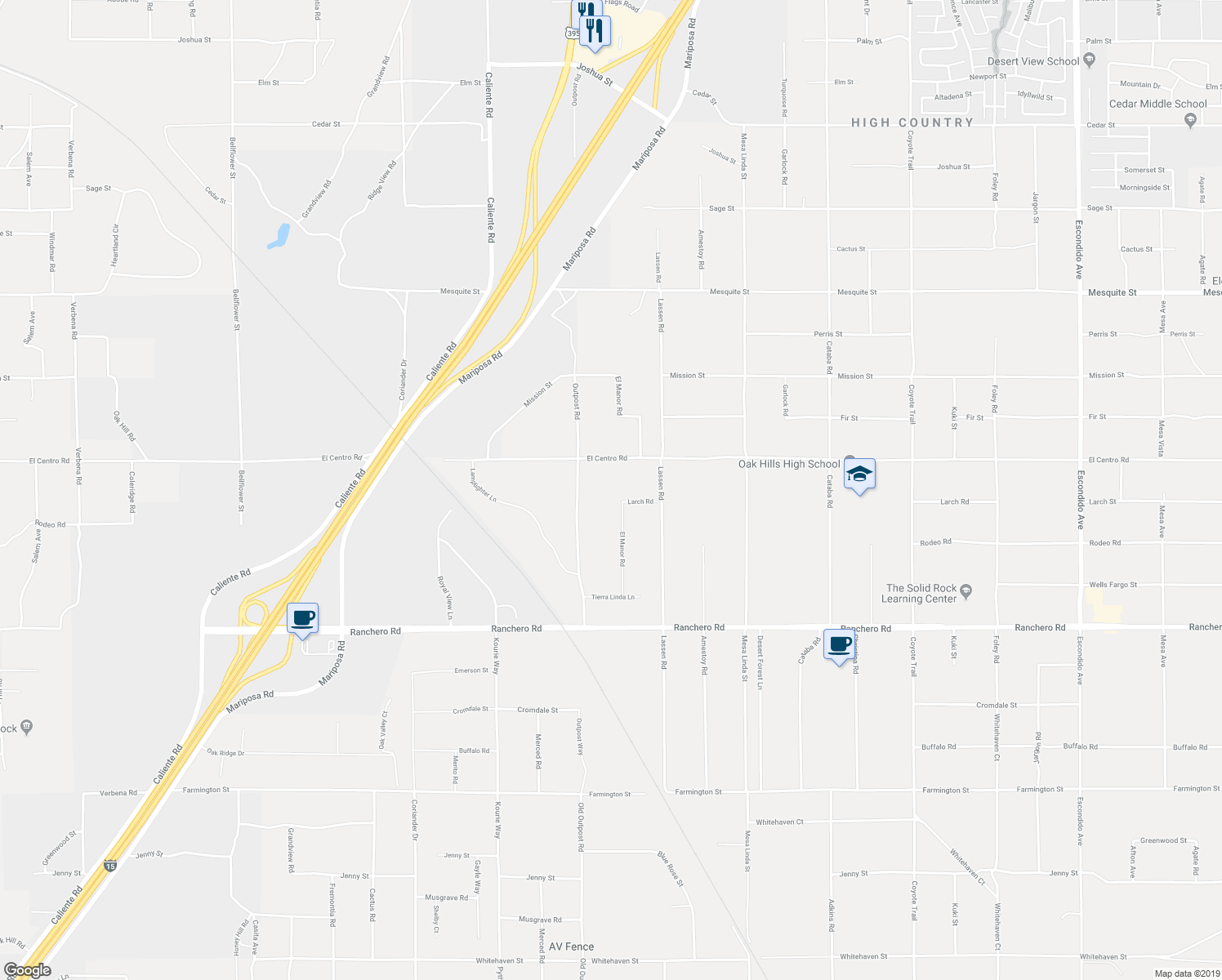 map of restaurants, bars, coffee shops, grocery stores, and more near 12195 El Centro Road in Hesperia