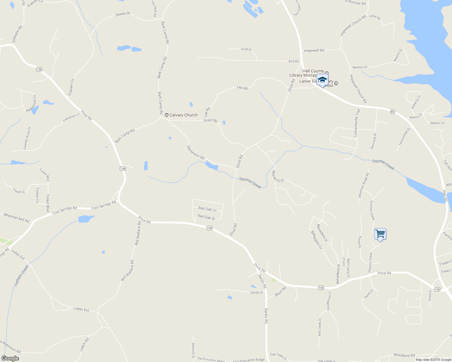 map of restaurants, bars, coffee shops, grocery stores, and more near 5324 Elrod Road in Gainesville