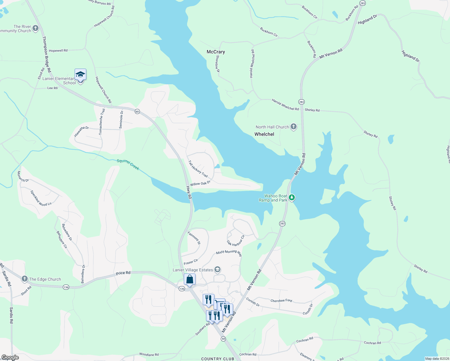 map of restaurants, bars, coffee shops, grocery stores, and more near 4252 Tall Hickory Trail in Gainesville