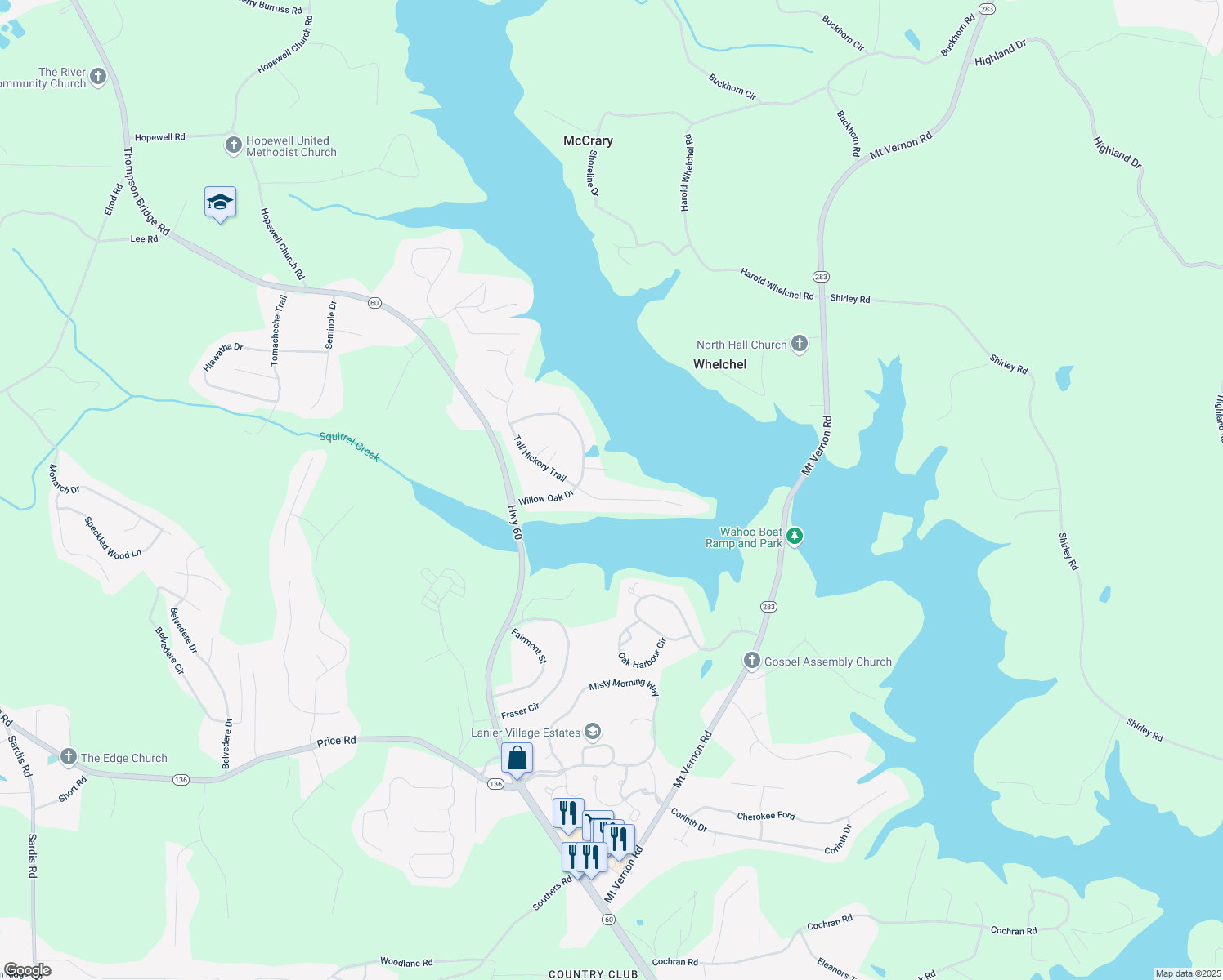 map of restaurants, bars, coffee shops, grocery stores, and more near 4252 Tall Hickory Trail in Gainesville