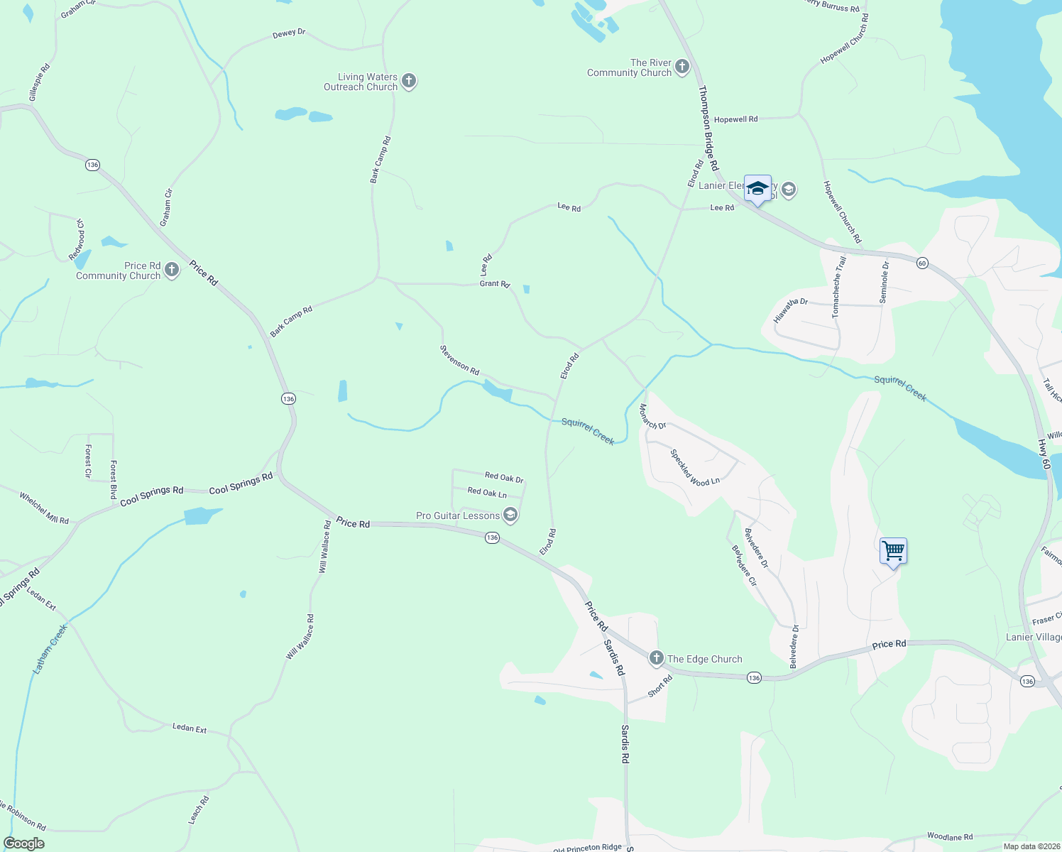 map of restaurants, bars, coffee shops, grocery stores, and more near 5324 Elrod Road in Gainesville