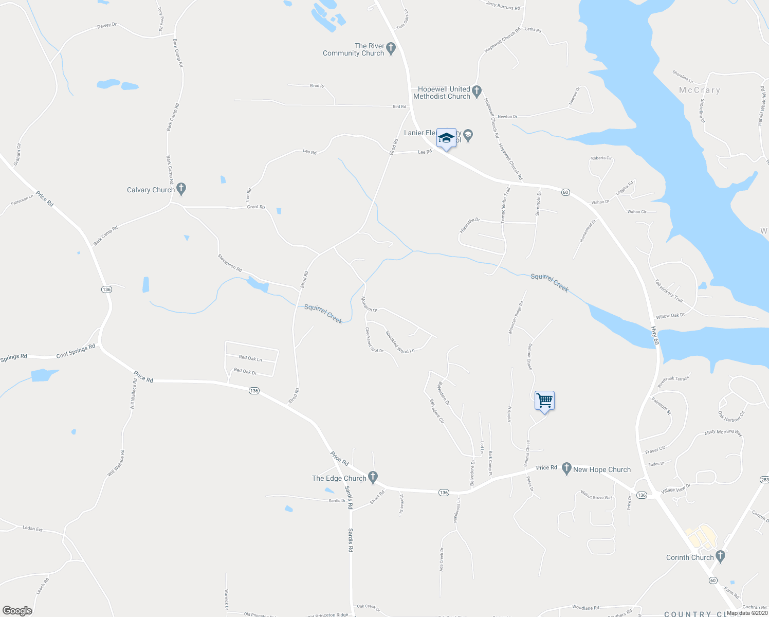 map of restaurants, bars, coffee shops, grocery stores, and more near 5322 Monarch Drive in Gainesville