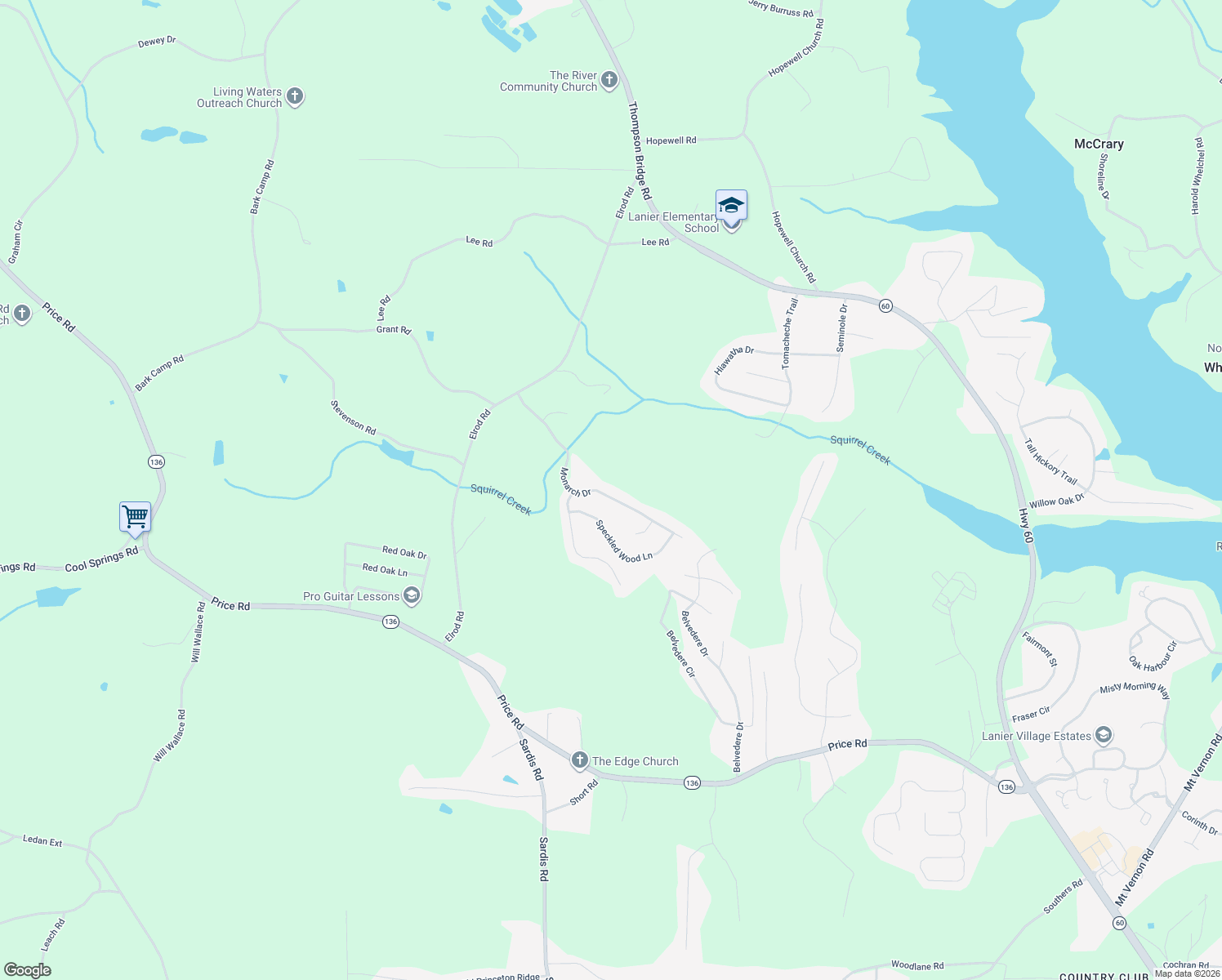 map of restaurants, bars, coffee shops, grocery stores, and more near 5325 Monarch Dr in Gainesville