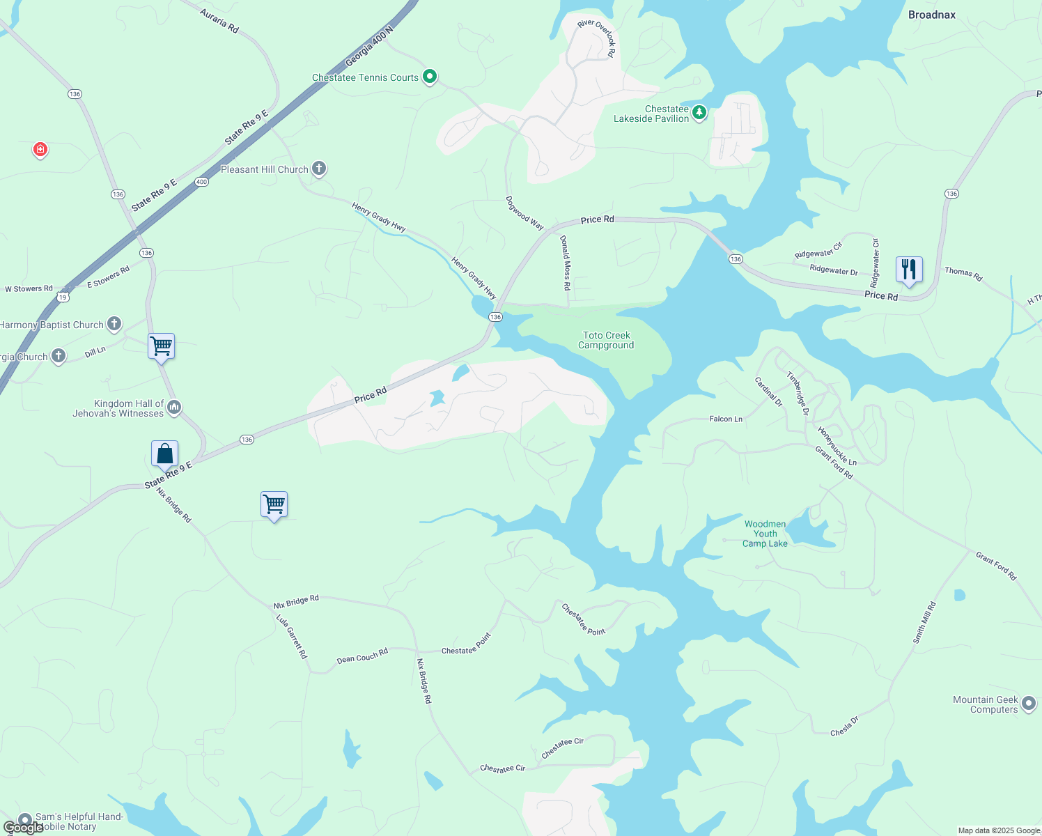map of restaurants, bars, coffee shops, grocery stores, and more near 94 Dawson Drive in Dawsonville