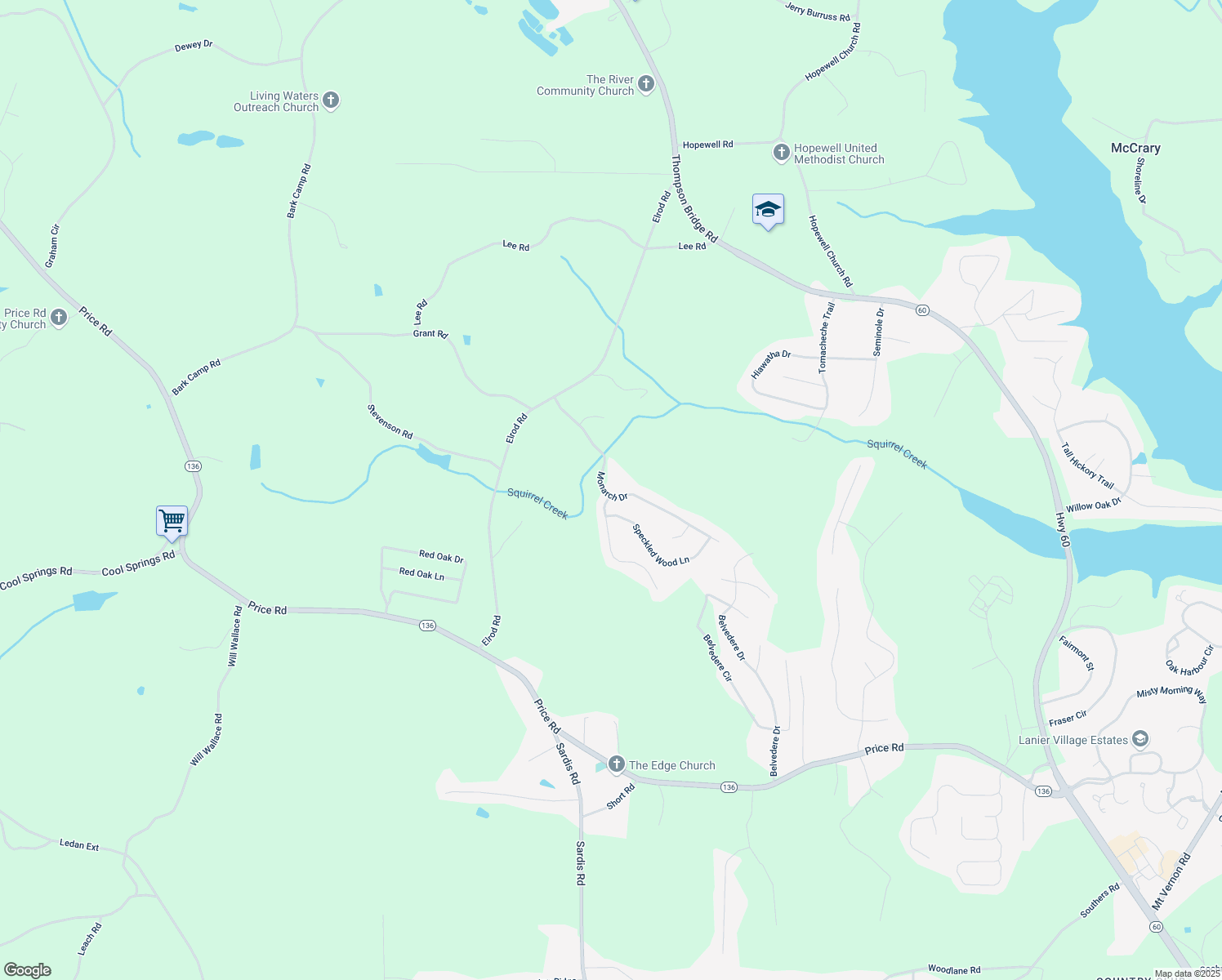 map of restaurants, bars, coffee shops, grocery stores, and more near 5303 Monarch Drive in Gainesville