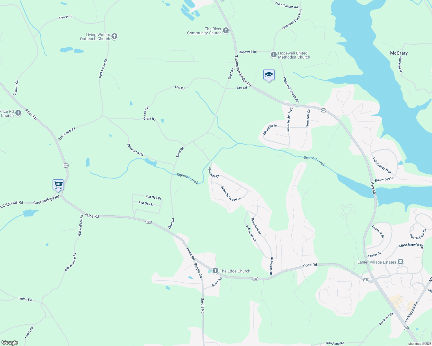 map of restaurants, bars, coffee shops, grocery stores, and more near 5303 Monarch Drive in Gainesville