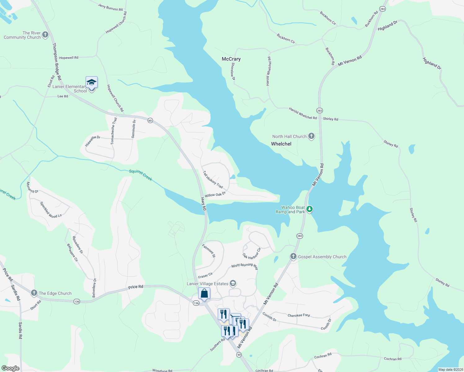 map of restaurants, bars, coffee shops, grocery stores, and more near 4308 Post Oak Point in Gainesville
