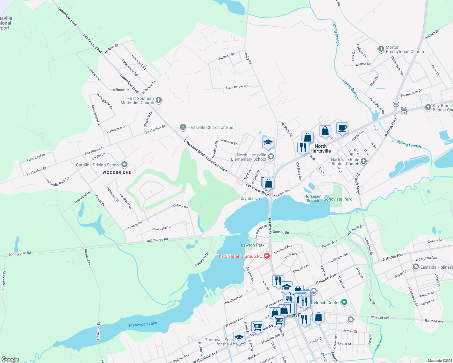 map of restaurants, bars, coffee shops, grocery stores, and more near 208 Lakeview Blvd in Hartsville