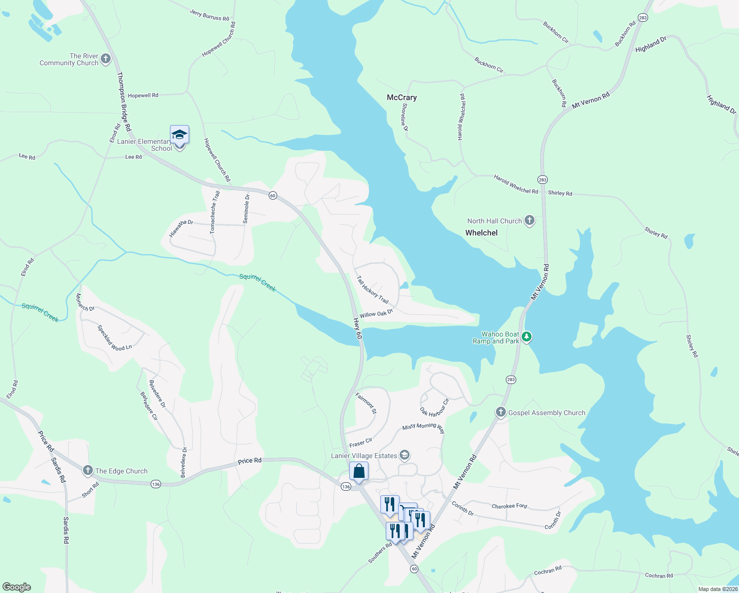 map of restaurants, bars, coffee shops, grocery stores, and more near 4317 Tall Hickory Trail in Gainesville