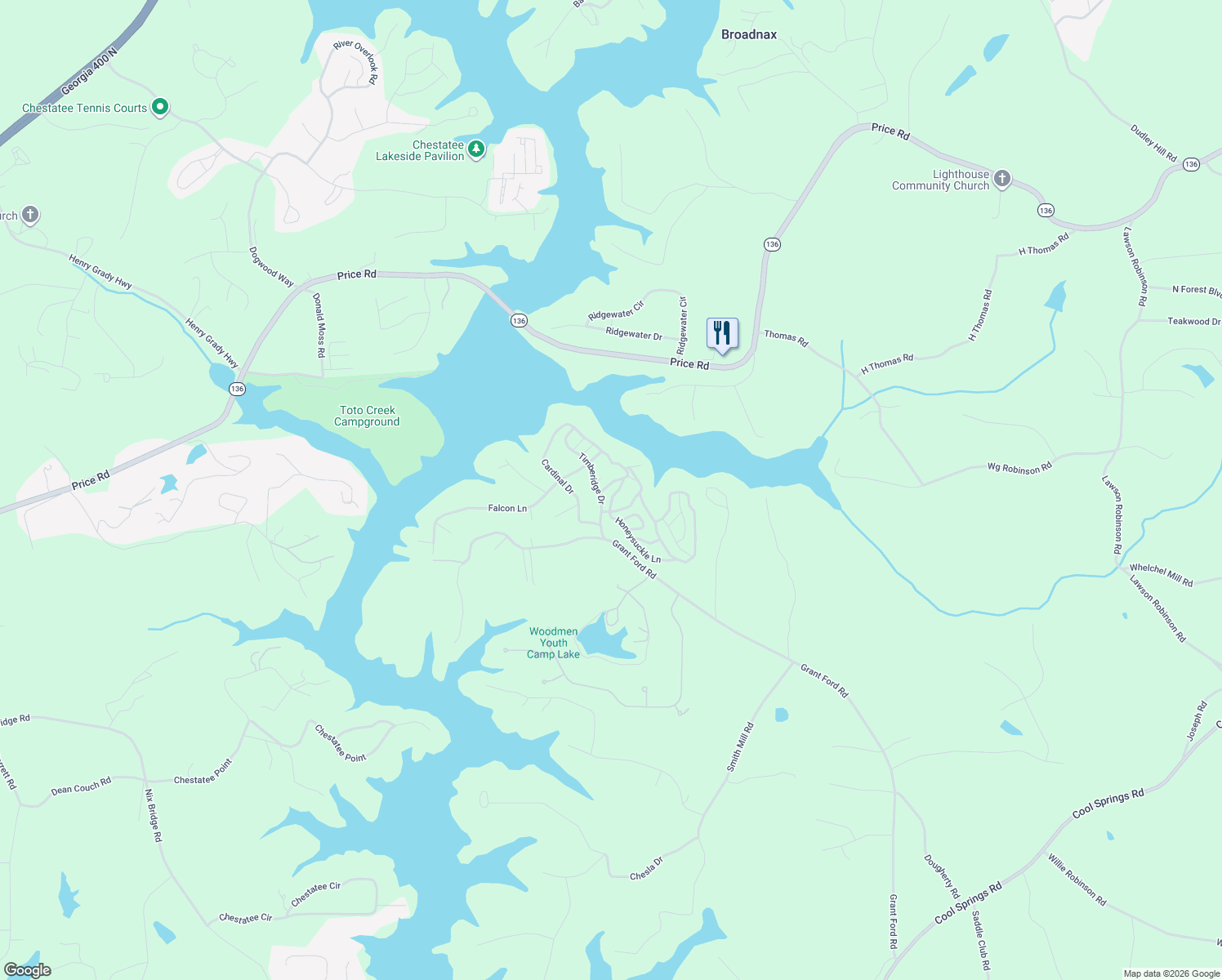 map of restaurants, bars, coffee shops, grocery stores, and more near 6414 Pinewood Trail in Gainesville