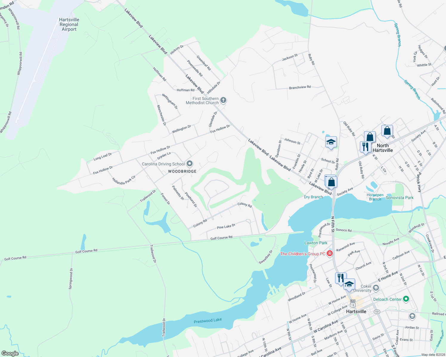 map of restaurants, bars, coffee shops, grocery stores, and more near 1306 Salem Rd in Hartsville