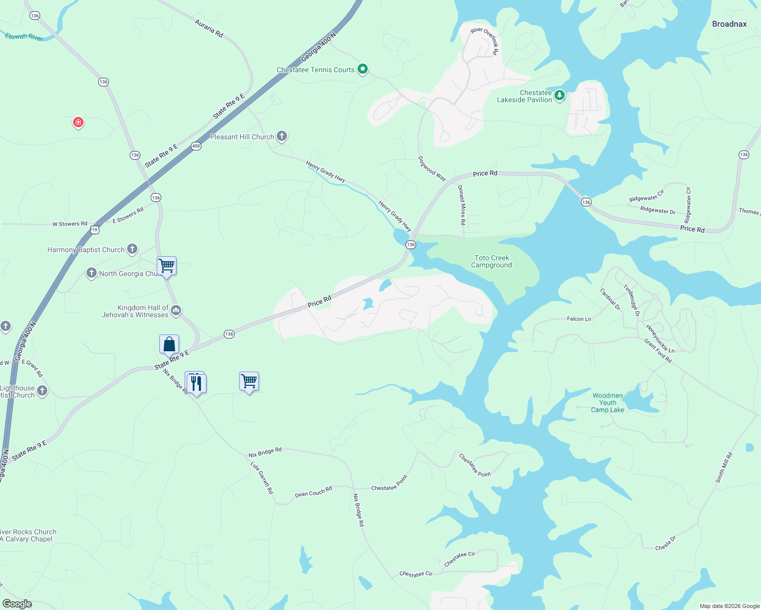 map of restaurants, bars, coffee shops, grocery stores, and more near 150 Silver Fox Dr in Dawsonville