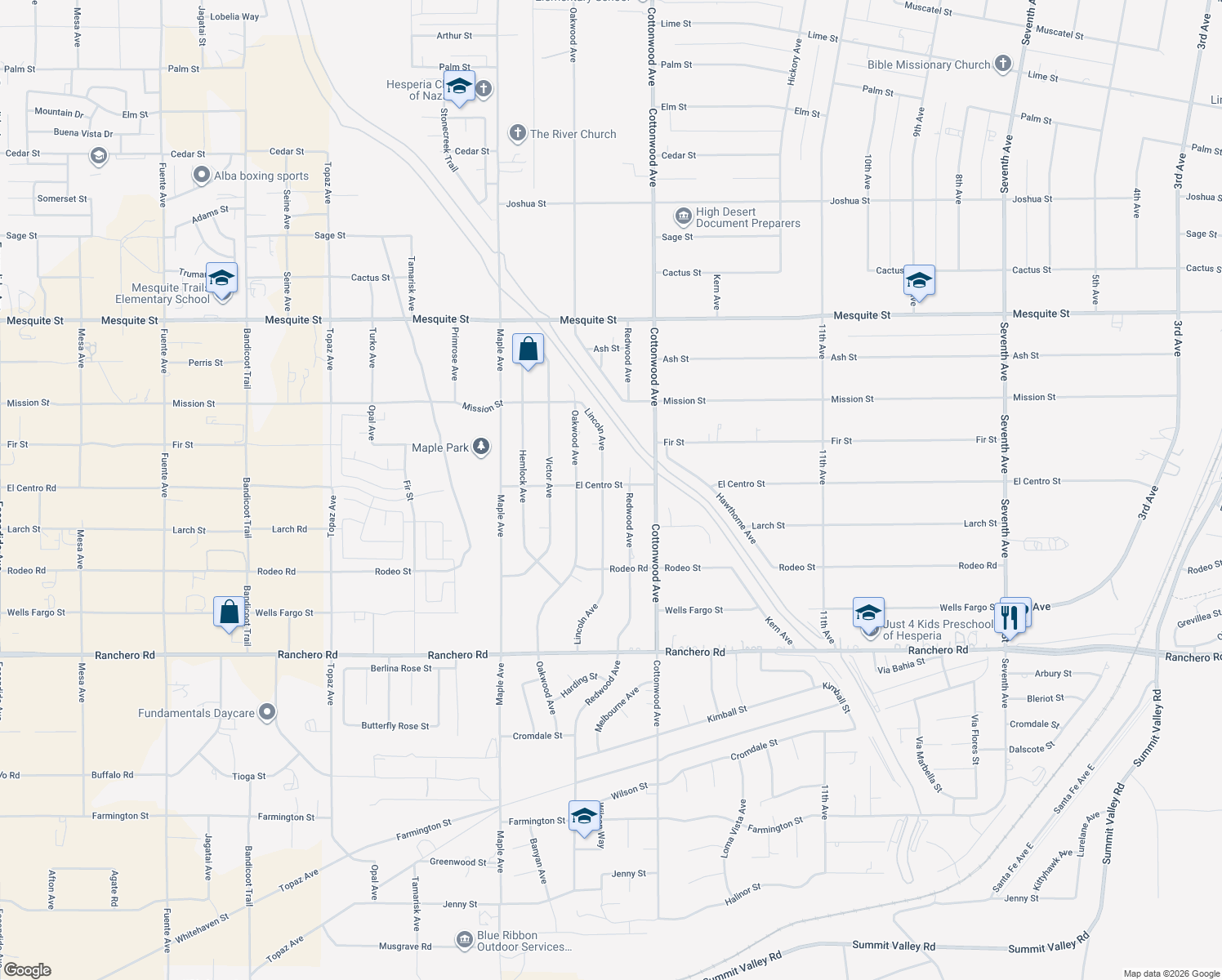 map of restaurants, bars, coffee shops, grocery stores, and more near 14777 El Centro Road in Hesperia