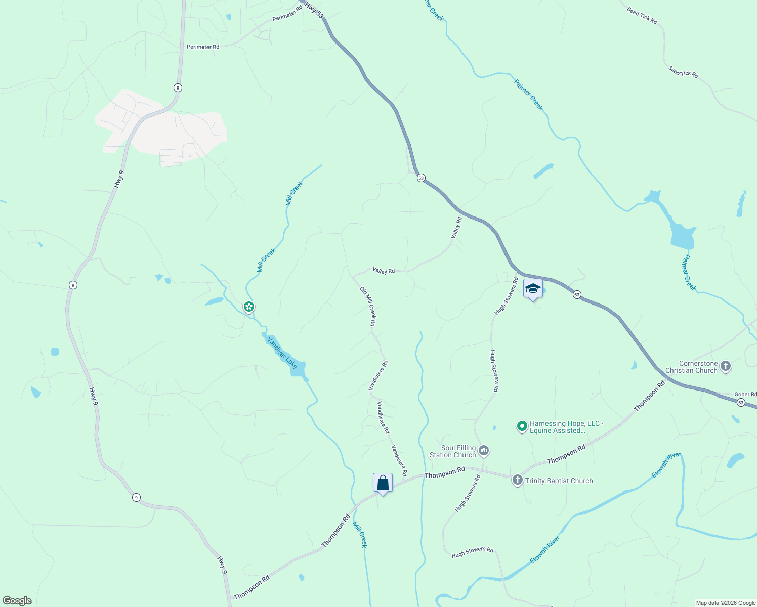 map of restaurants, bars, coffee shops, grocery stores, and more near 175 Vandiviere Road in Dawsonville