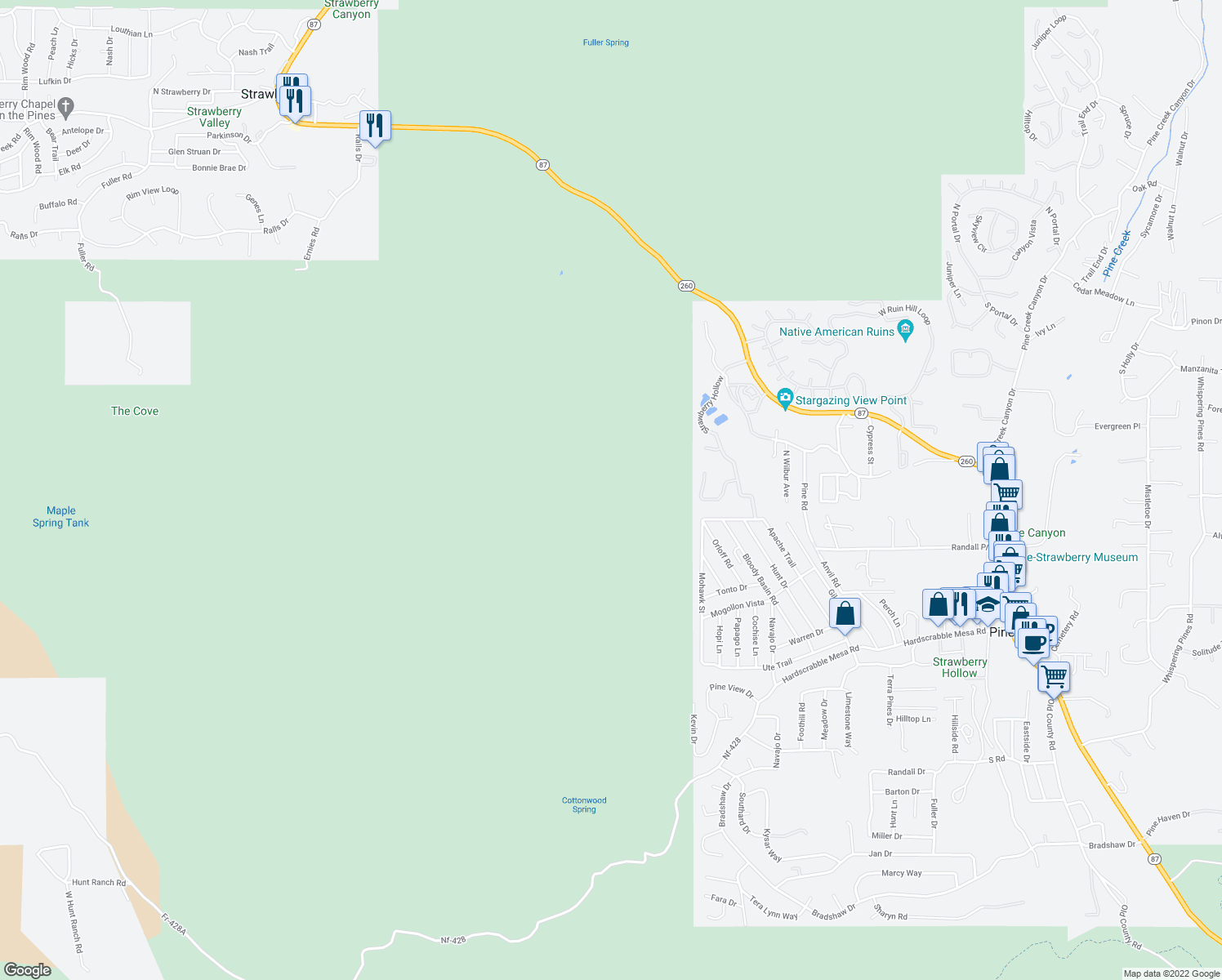 map of restaurants, bars, coffee shops, grocery stores, and more near in Pine