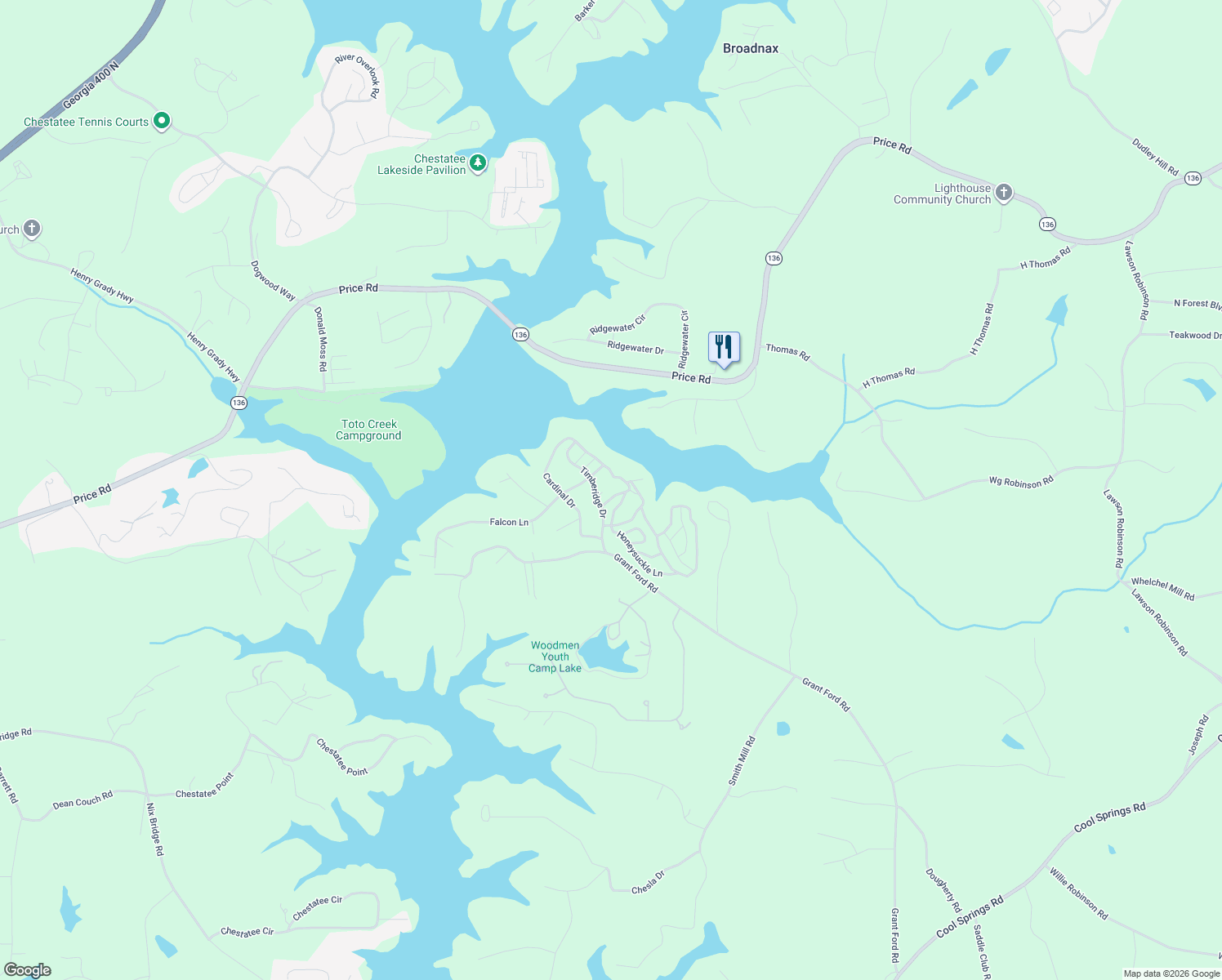 map of restaurants, bars, coffee shops, grocery stores, and more near 6414 Pinewood Trail in Gainesville