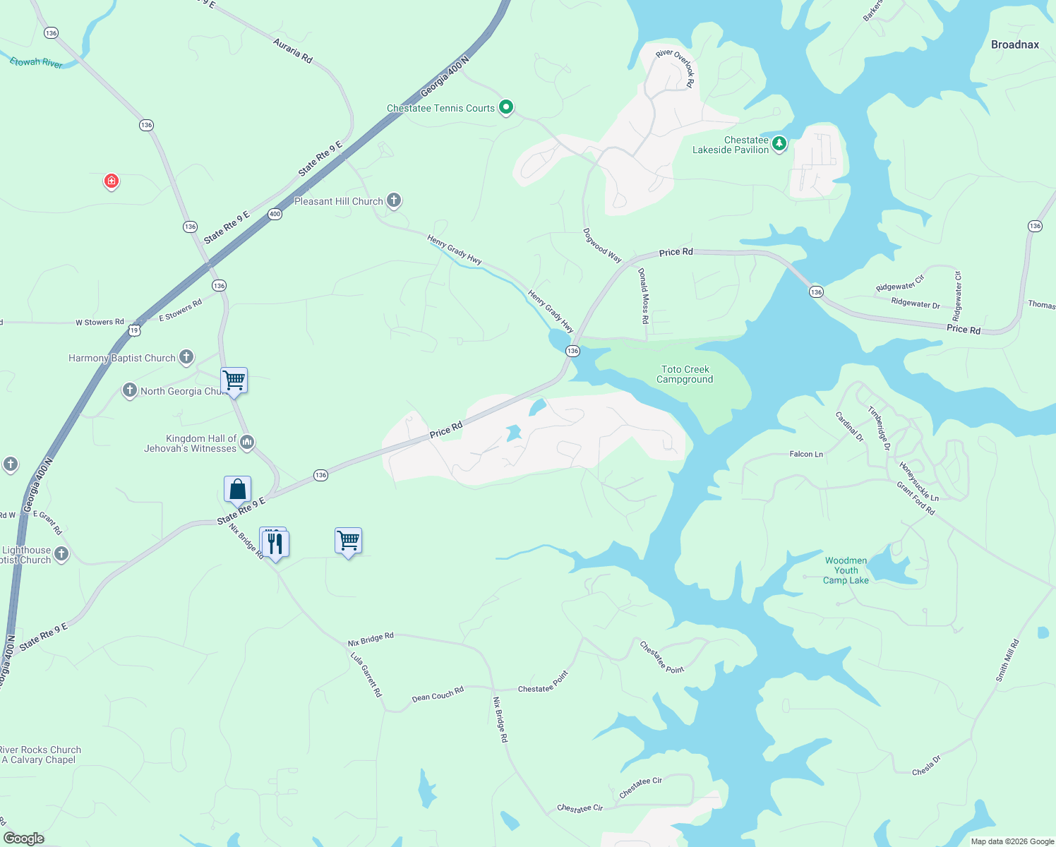 map of restaurants, bars, coffee shops, grocery stores, and more near 150 Silver Fox Drive in Dawsonville