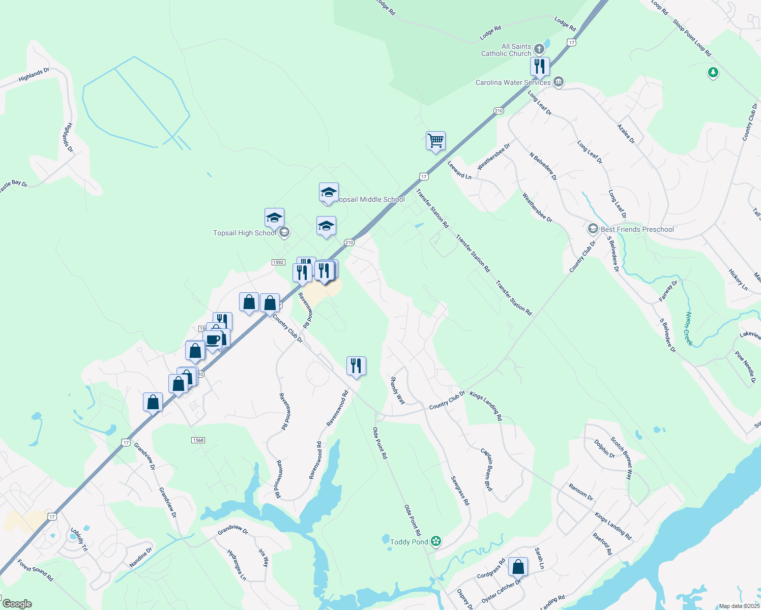 map of restaurants, bars, coffee shops, grocery stores, and more near 128 Vista Lane in Hampstead