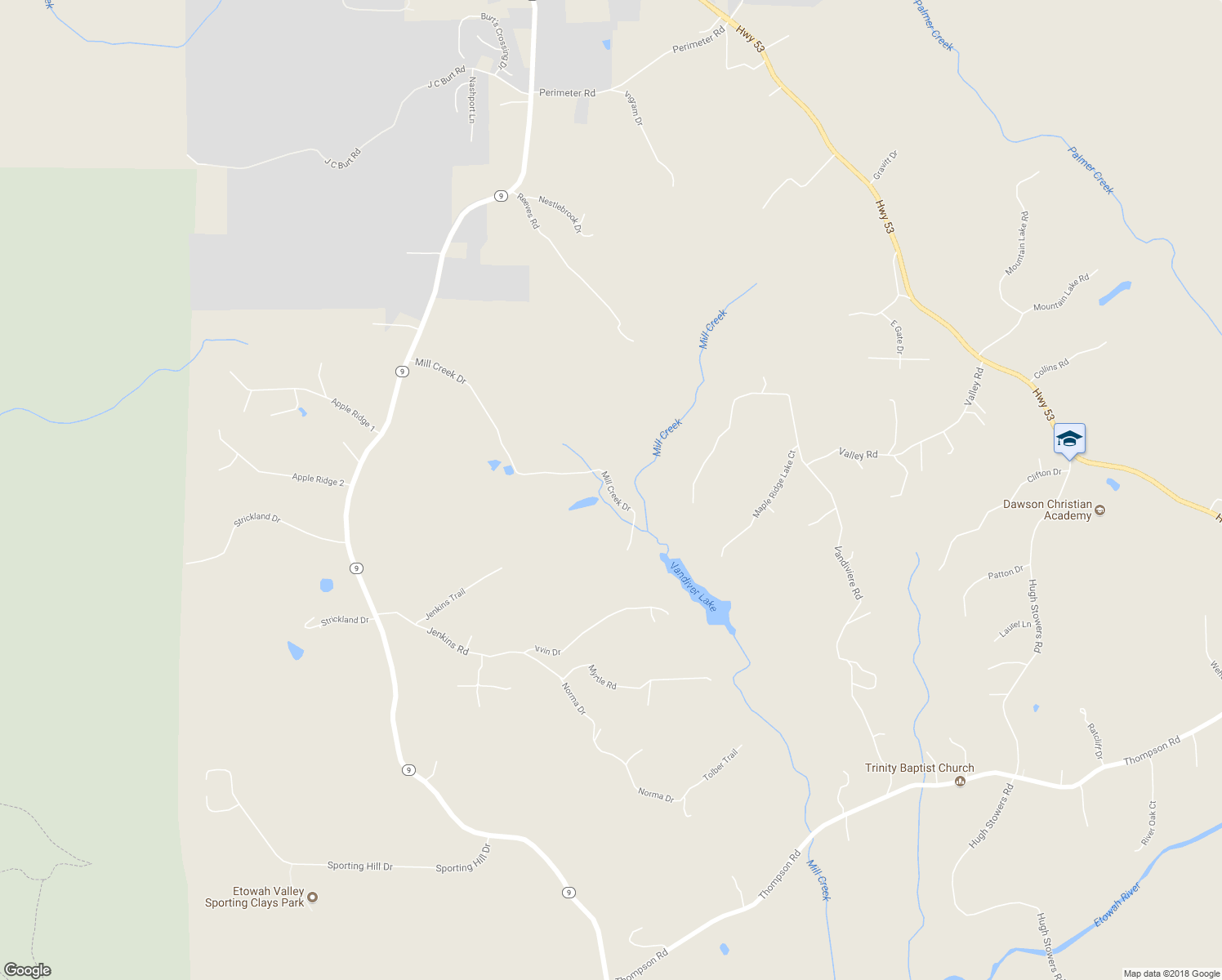 map of restaurants, bars, coffee shops, grocery stores, and more near 0 Mill Creek Drive in Dawsonville