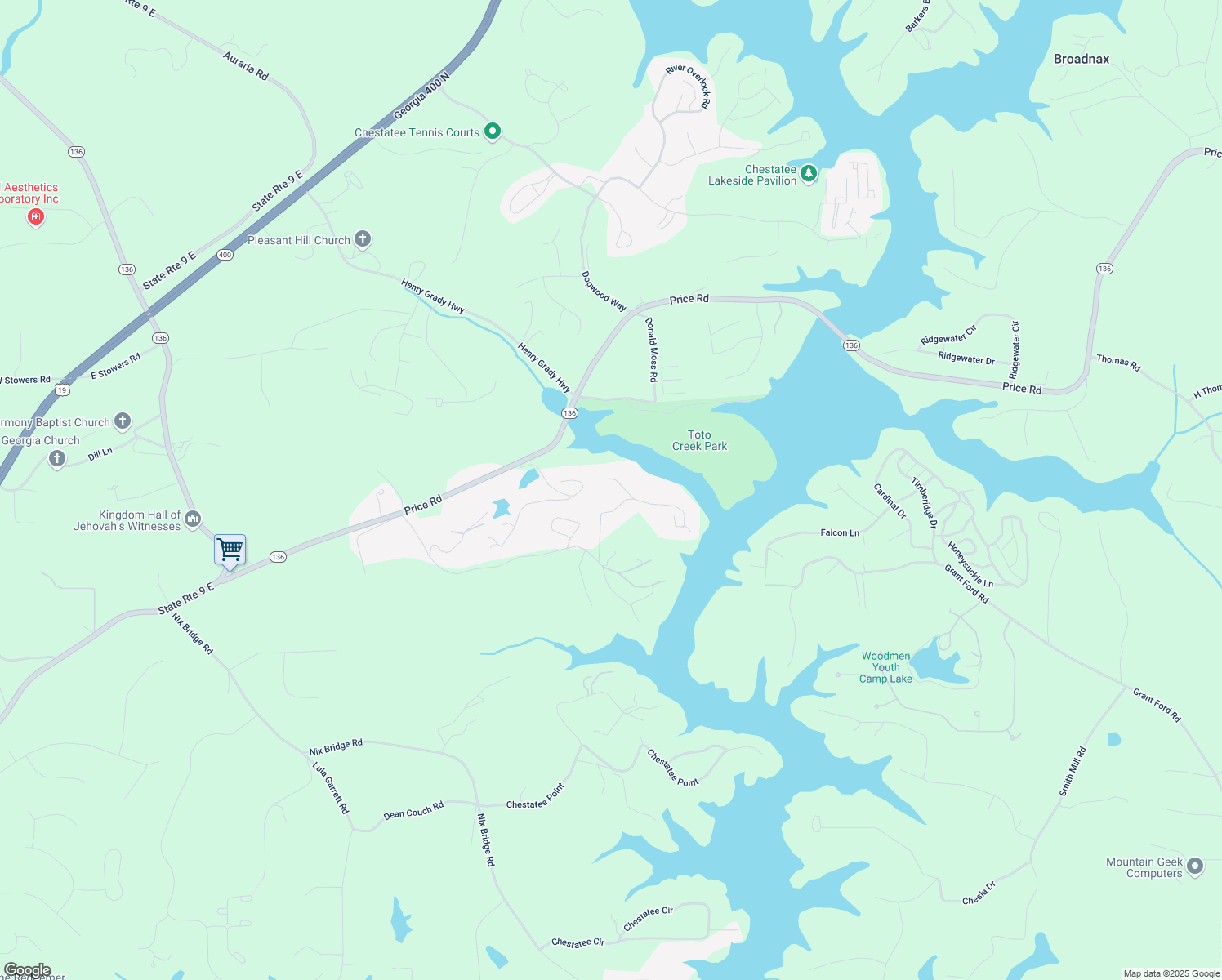 map of restaurants, bars, coffee shops, grocery stores, and more near 71 Toto Creek Drive West in Dawsonville
