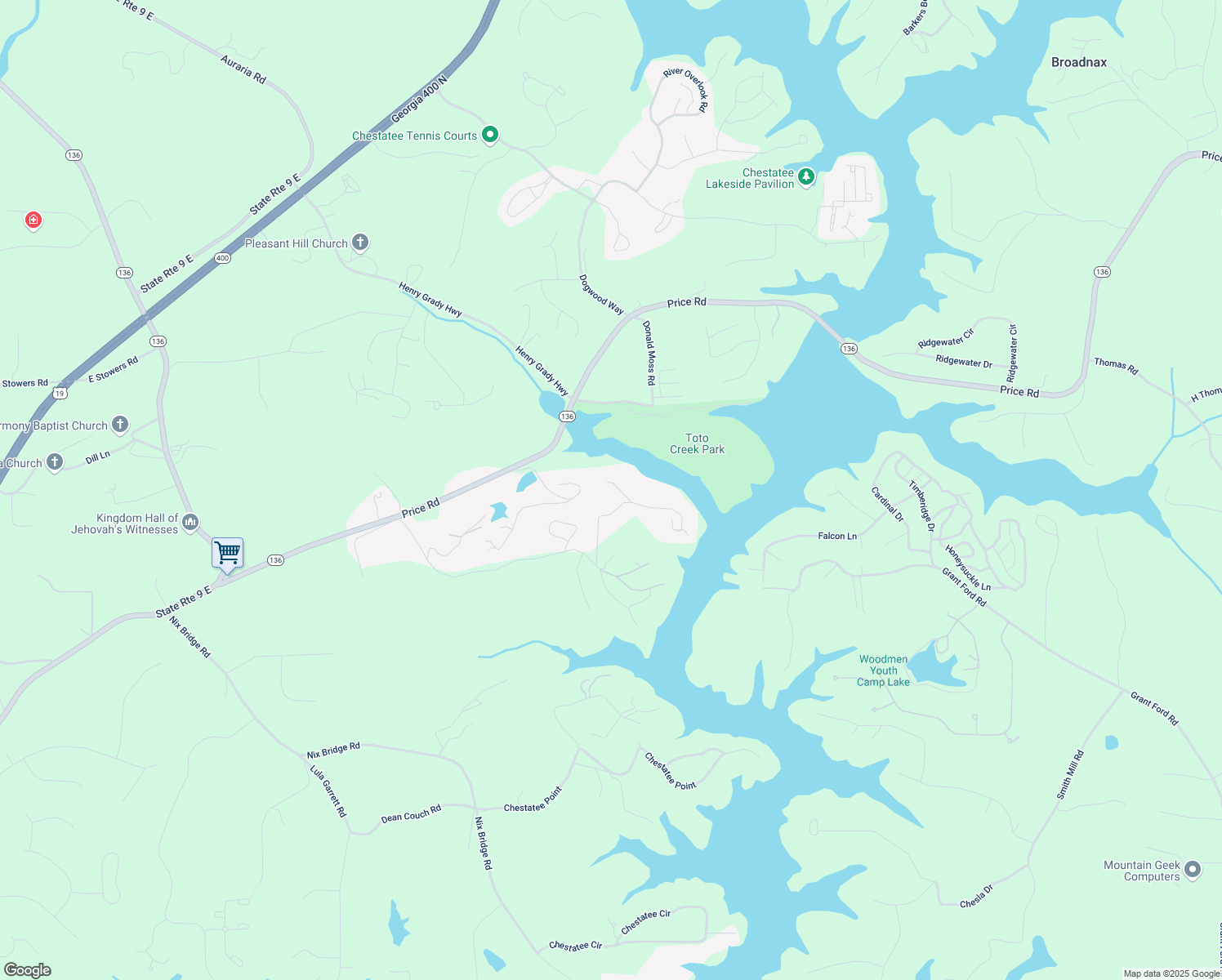 map of restaurants, bars, coffee shops, grocery stores, and more near 71 Toto Creek Drive West in Dawsonville
