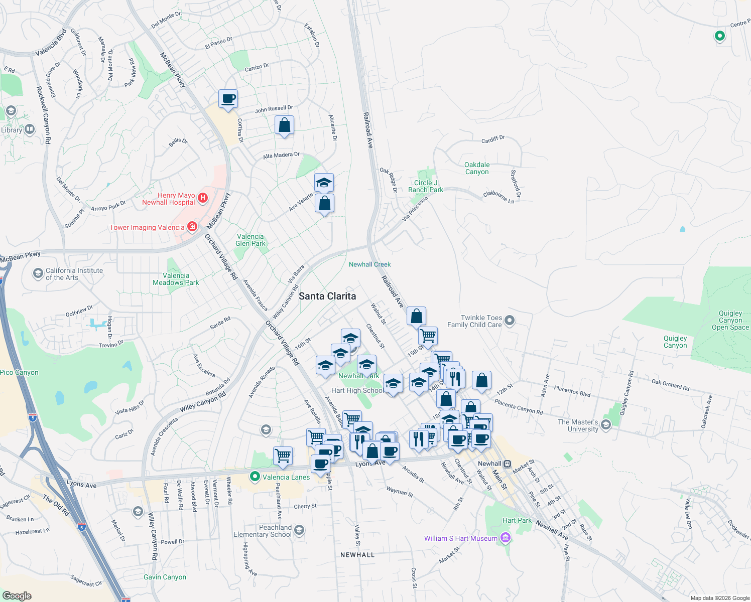 map of restaurants, bars, coffee shops, grocery stores, and more near 25074 Walnut Street in Santa Clarita