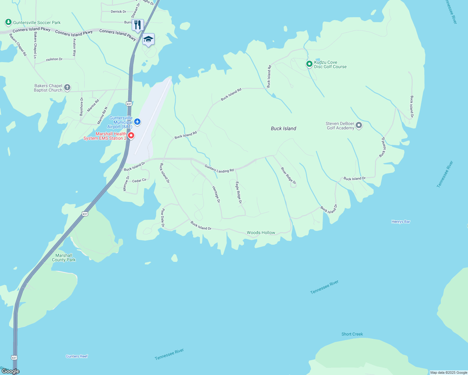 map of restaurants, bars, coffee shops, grocery stores, and more near 108 Eagle Ridge Drive in Guntersville
