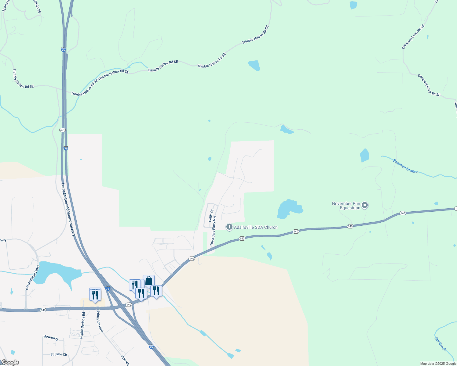 map of restaurants, bars, coffee shops, grocery stores, and more near 525 The Adare Parkway Northwest in Adairsville