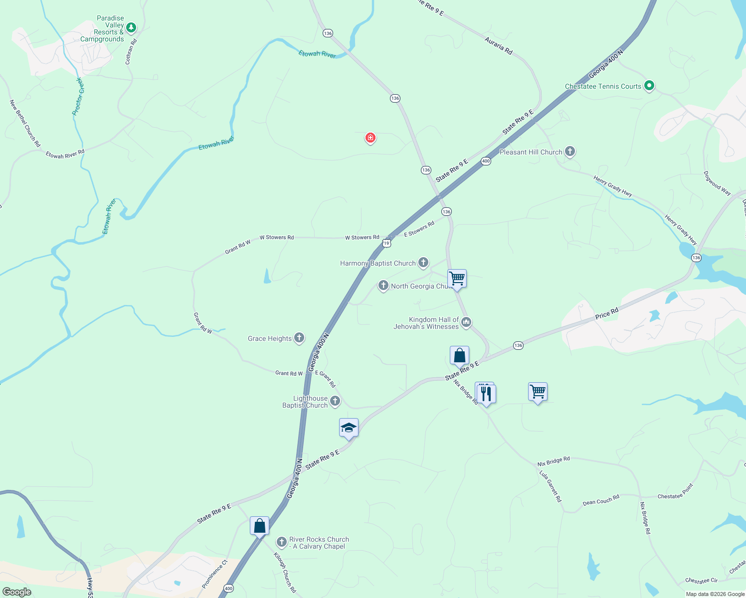 map of restaurants, bars, coffee shops, grocery stores, and more near 119 Lord's Way in Dawsonville