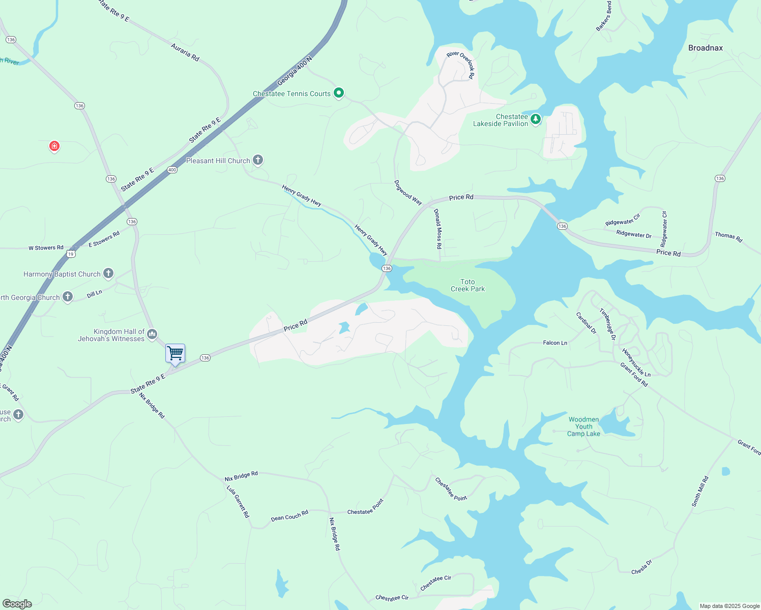 map of restaurants, bars, coffee shops, grocery stores, and more near 336 Toto Drive in Dawsonville