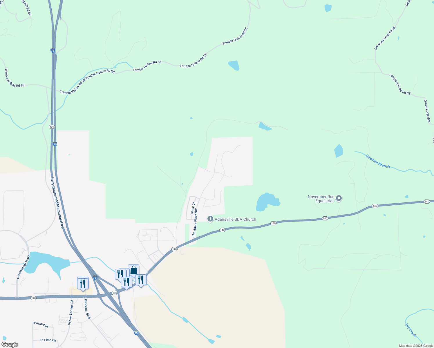 map of restaurants, bars, coffee shops, grocery stores, and more near 14 Killian Manor Drive in Adairsville