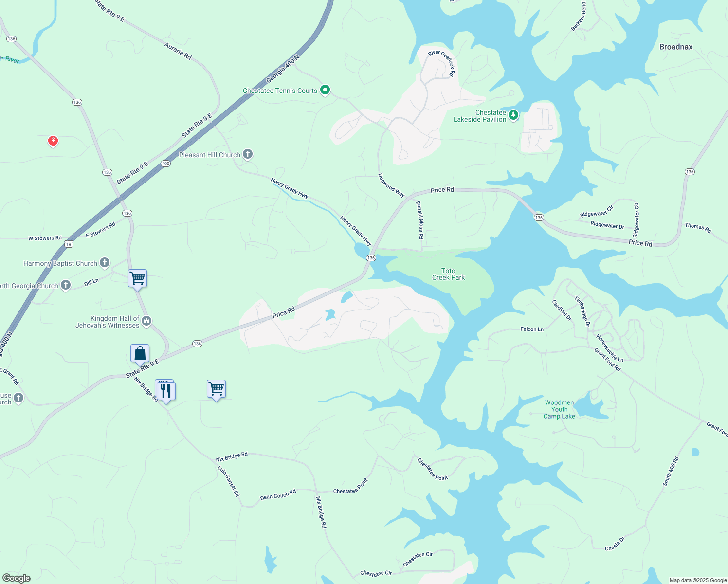 map of restaurants, bars, coffee shops, grocery stores, and more near 336 Toto Drive in Dawsonville