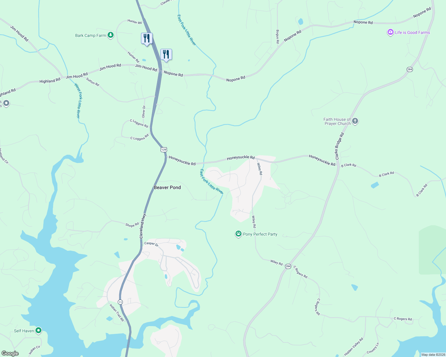 map of restaurants, bars, coffee shops, grocery stores, and more near 4135 Catawba Ridge in Gainesville