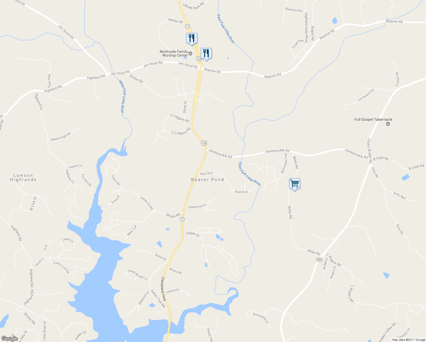 map of restaurants, bars, coffee shops, grocery stores, and more near 3725 River North Drive in Gainesville