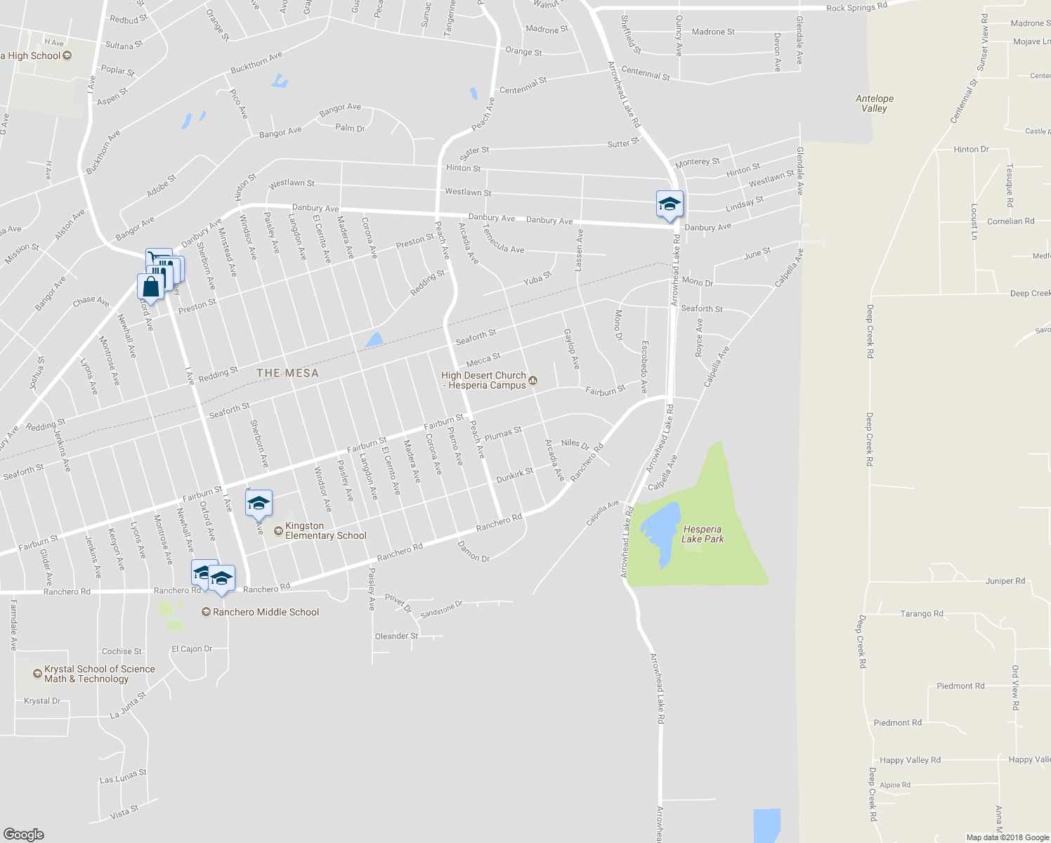 map of restaurants, bars, coffee shops, grocery stores, and more near 18530 Plumas Street in Hesperia