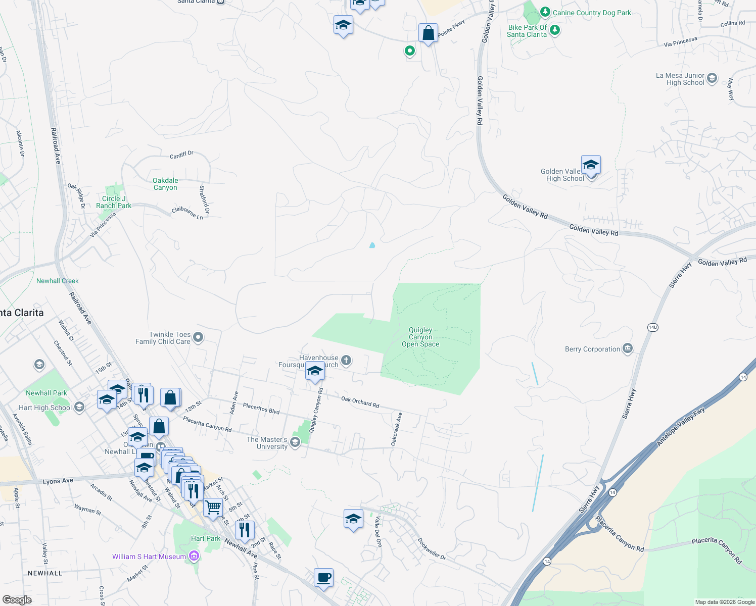 map of restaurants, bars, coffee shops, grocery stores, and more near 25132 Karie Lane in Santa Clarita