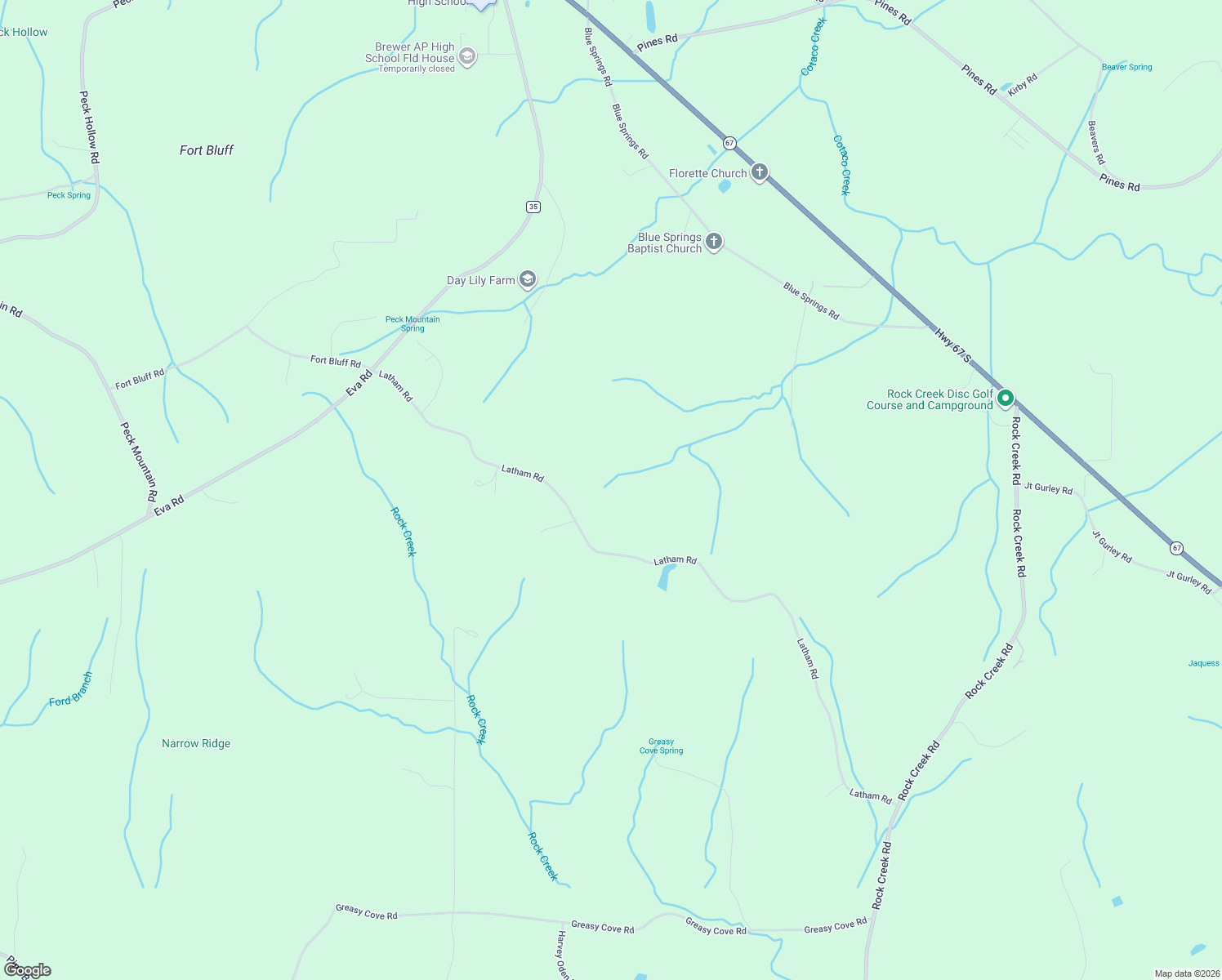 map of restaurants, bars, coffee shops, grocery stores, and more near Latham Road in Eva