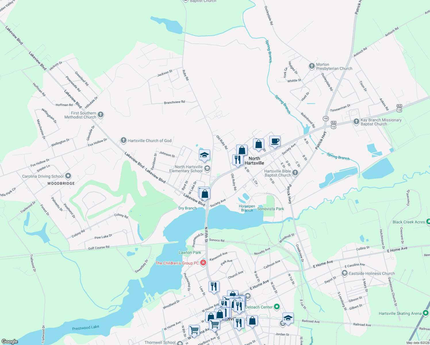 map of restaurants, bars, coffee shops, grocery stores, and more near 1103 Ruby Road in Hartsville