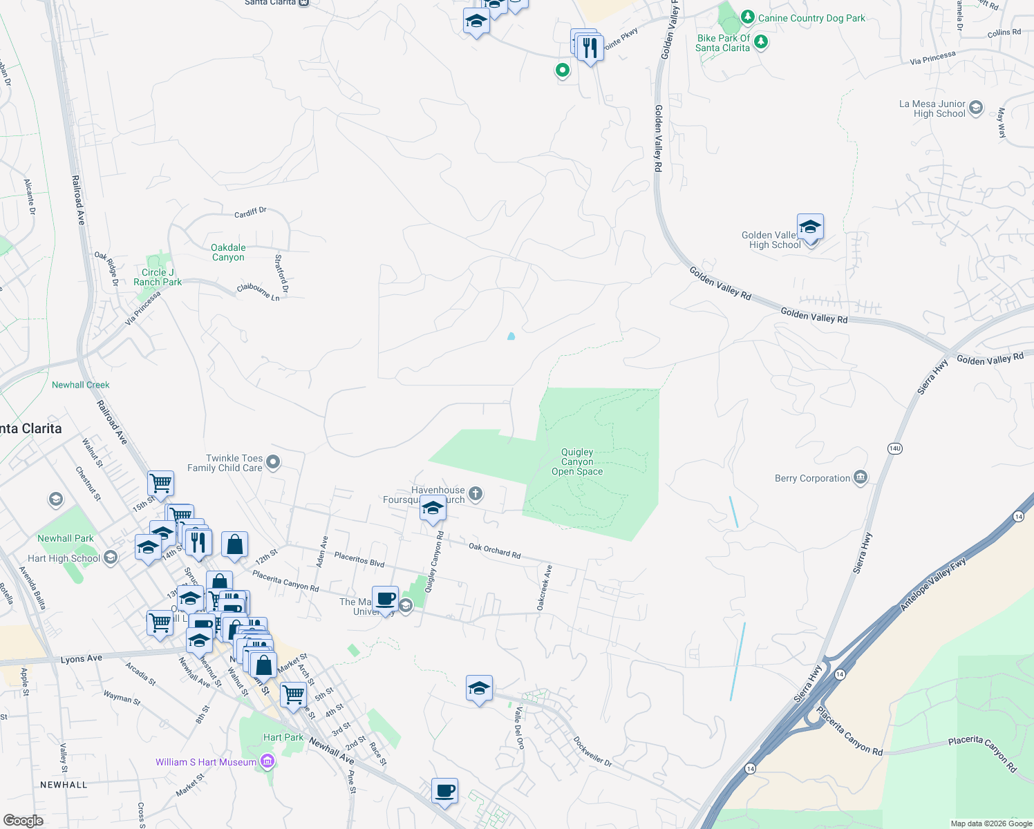 map of restaurants, bars, coffee shops, grocery stores, and more near 25132 Karie Lane in Santa Clarita