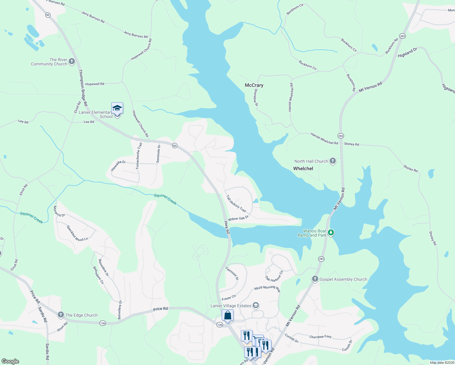map of restaurants, bars, coffee shops, grocery stores, and more near 4450 Tall Hickory Trail in Gainesville