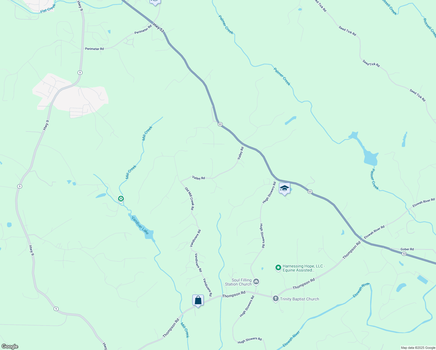 map of restaurants, bars, coffee shops, grocery stores, and more near Valley Road in Dawsonville