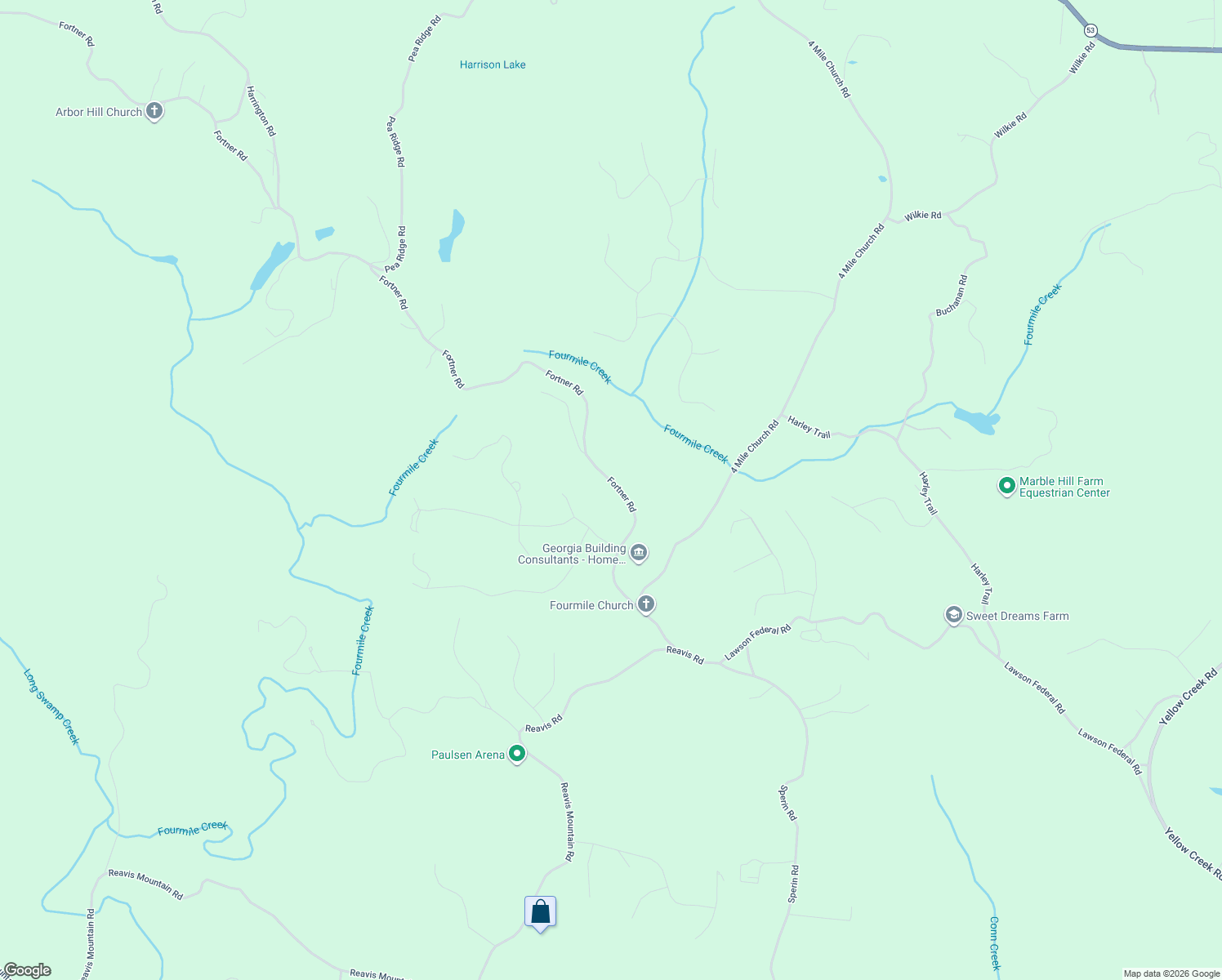 map of restaurants, bars, coffee shops, grocery stores, and more near 4198 Fortner Road in Ball Ground
