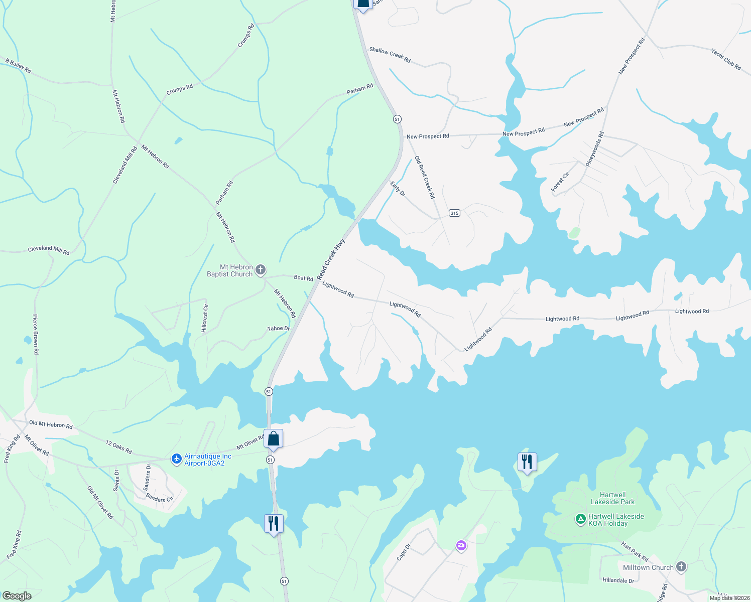 map of restaurants, bars, coffee shops, grocery stores, and more near 664 Lightwood Road in Hartwell