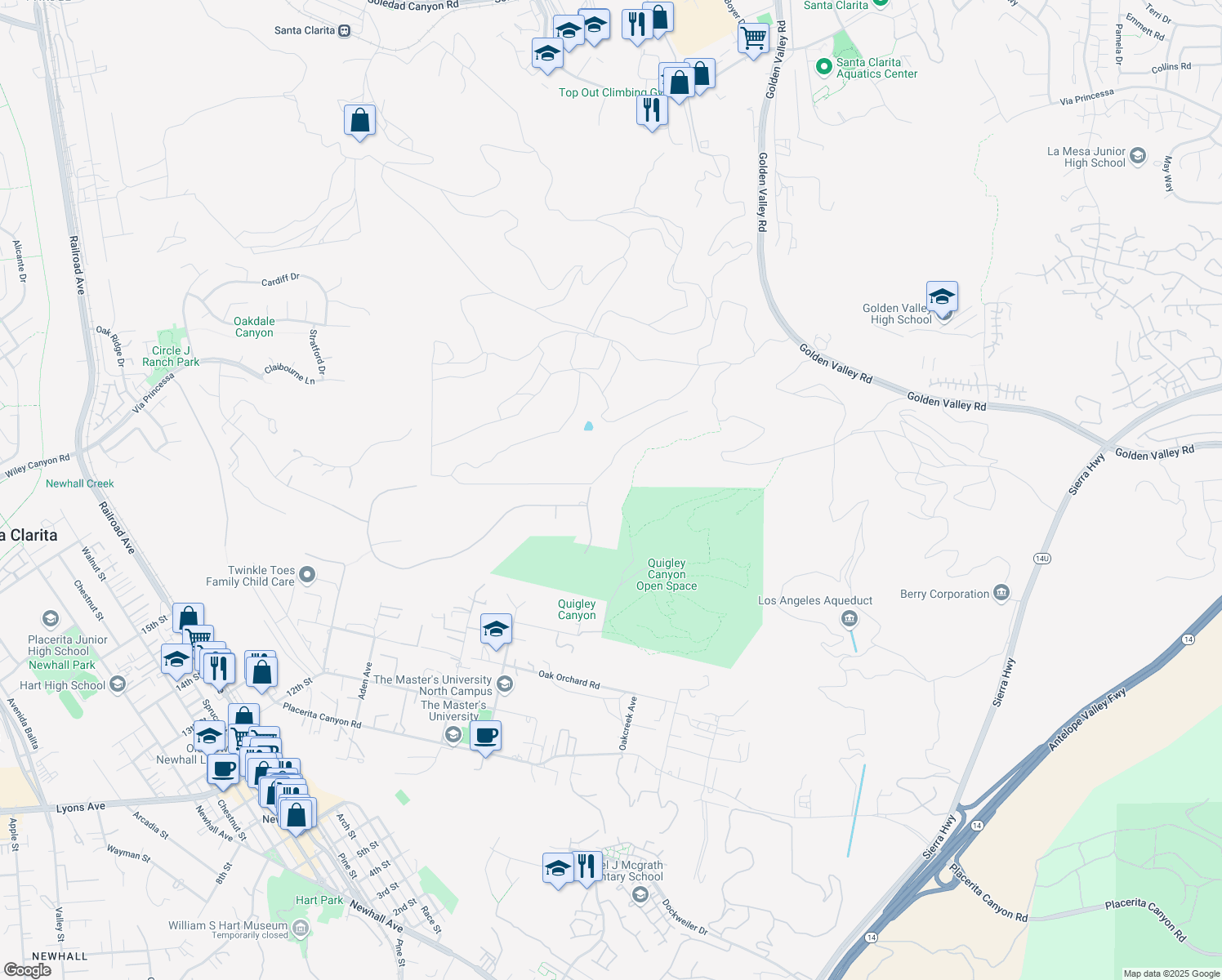 map of restaurants, bars, coffee shops, grocery stores, and more near 25172 Karie Lane in Santa Clarita