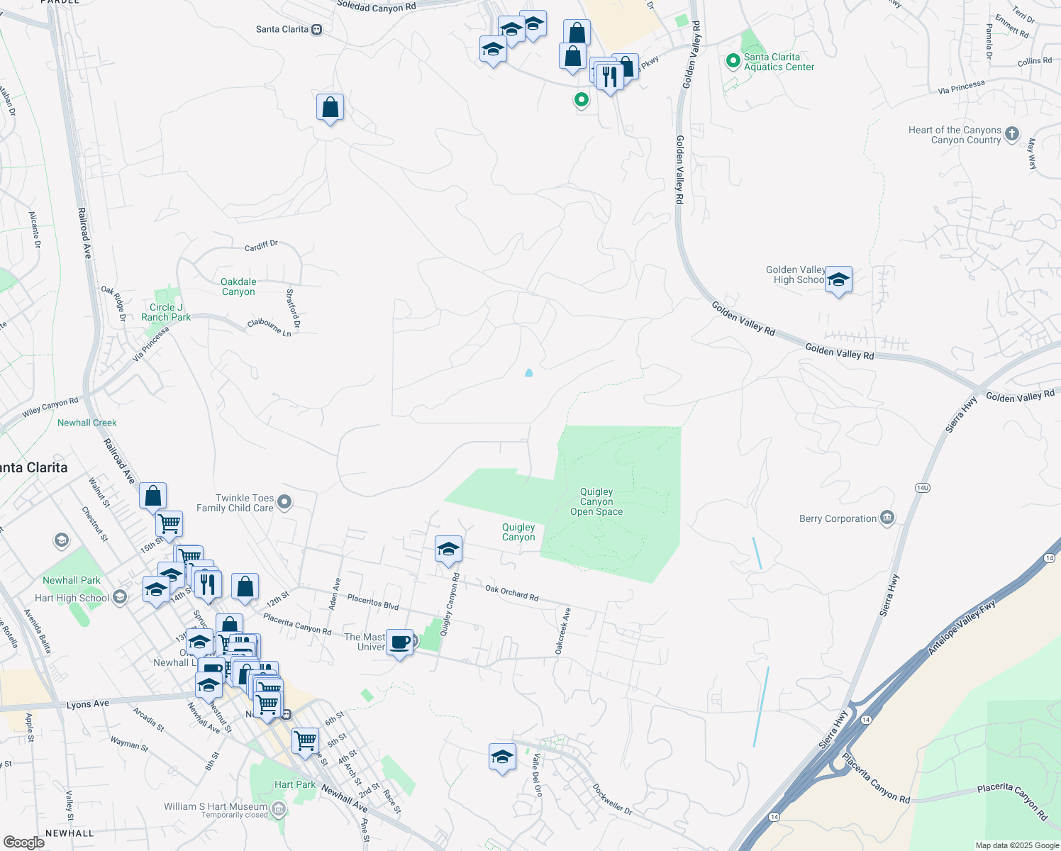 map of restaurants, bars, coffee shops, grocery stores, and more near 25172 Karie Lane in Santa Clarita